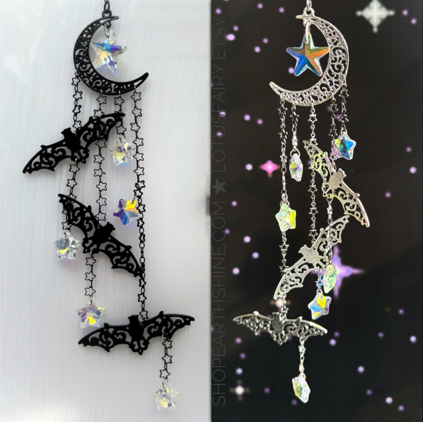 Moon Bat Suncatcher, Crystal Rainbow Spooky Goth Home Decor