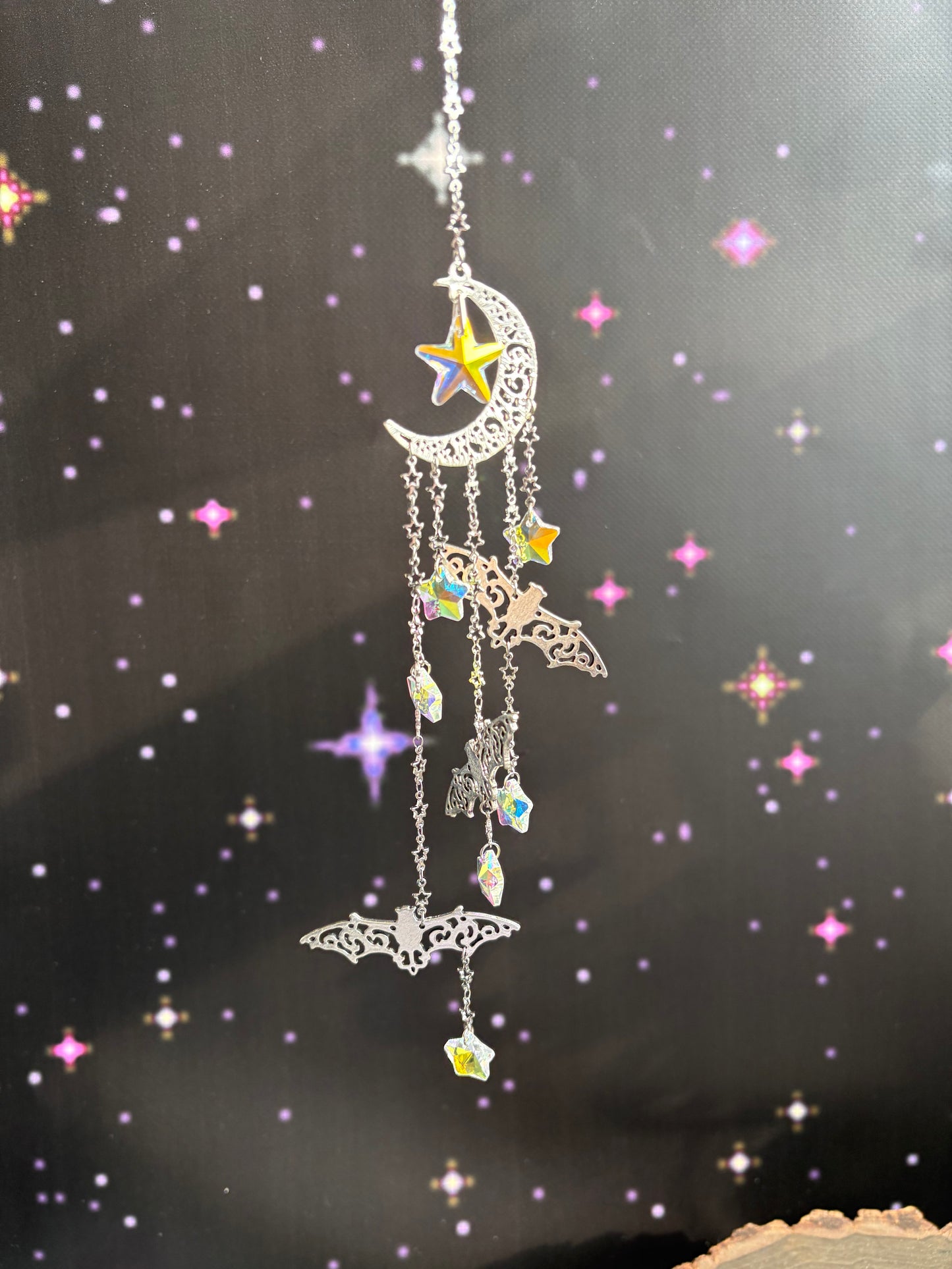Moon Bat Suncatcher, Crystal Rainbow Spooky Goth Home Decor