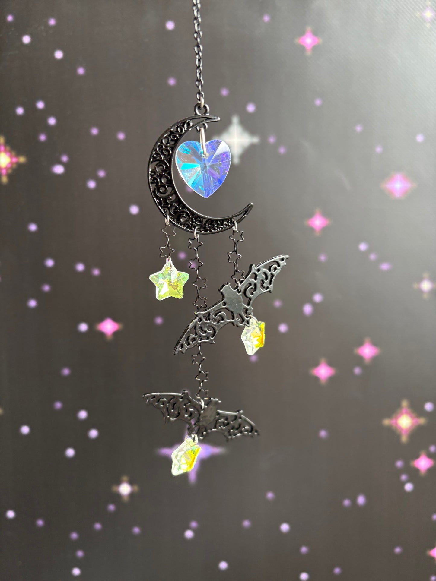 Moon Bat Suncatcher, Crystal Rainbow Spooky Goth Home Decor