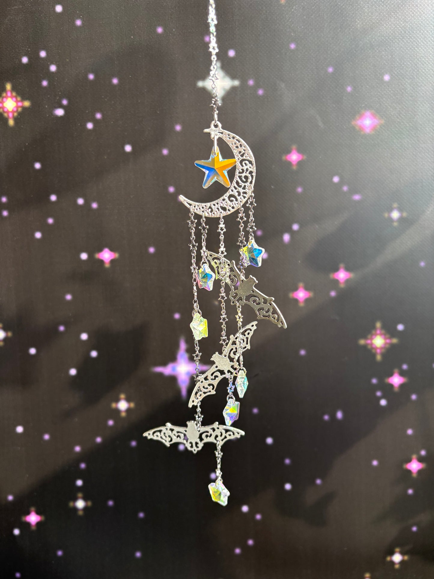 Moon Bat Suncatcher, Crystal Rainbow Spooky Goth Home Decor
