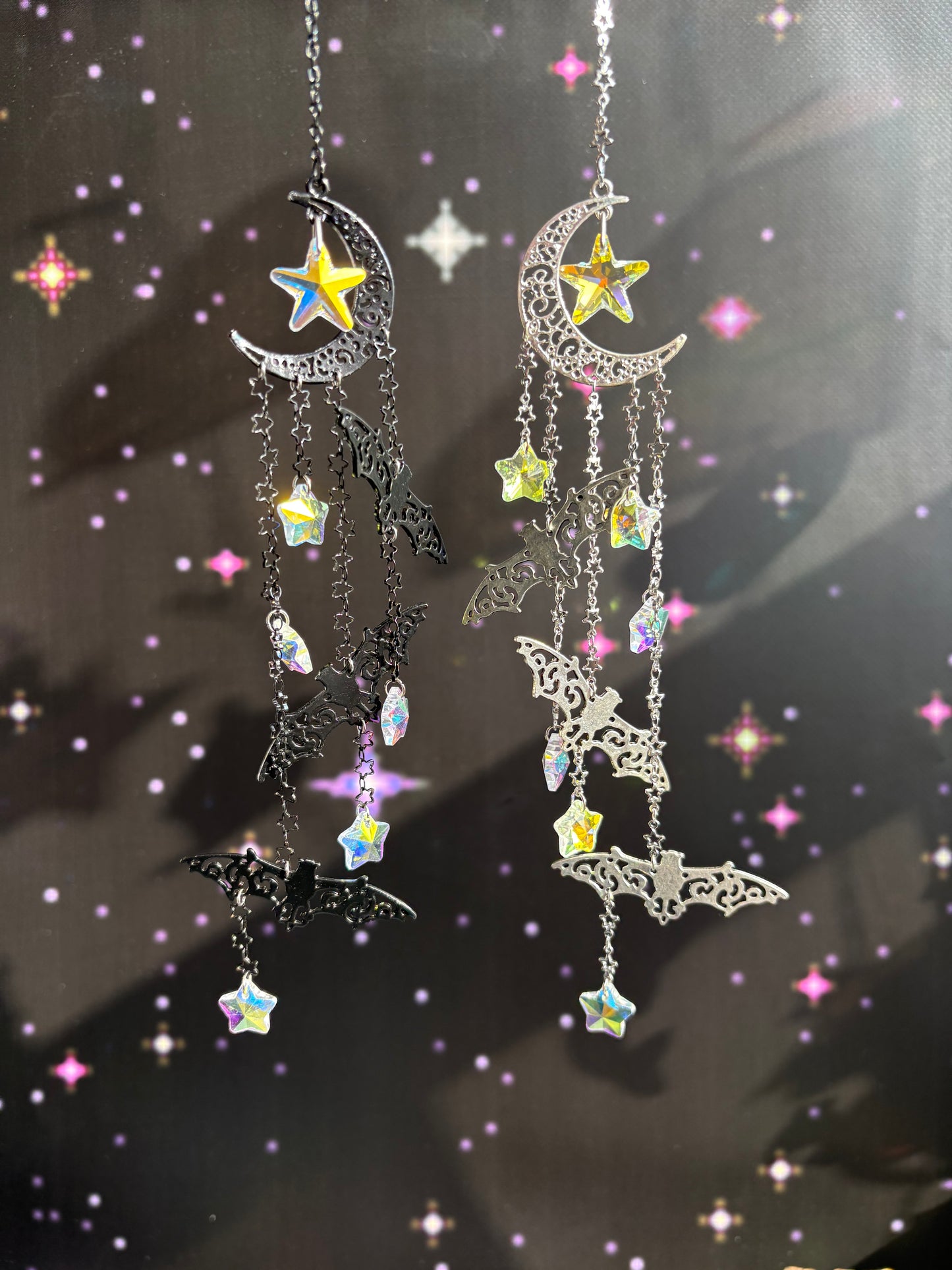Moon Bat Suncatcher, Crystal Rainbow Spooky Goth Home Decor