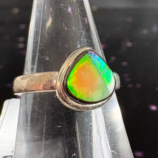 Ammolite fossil stone, size 6, sterling silver