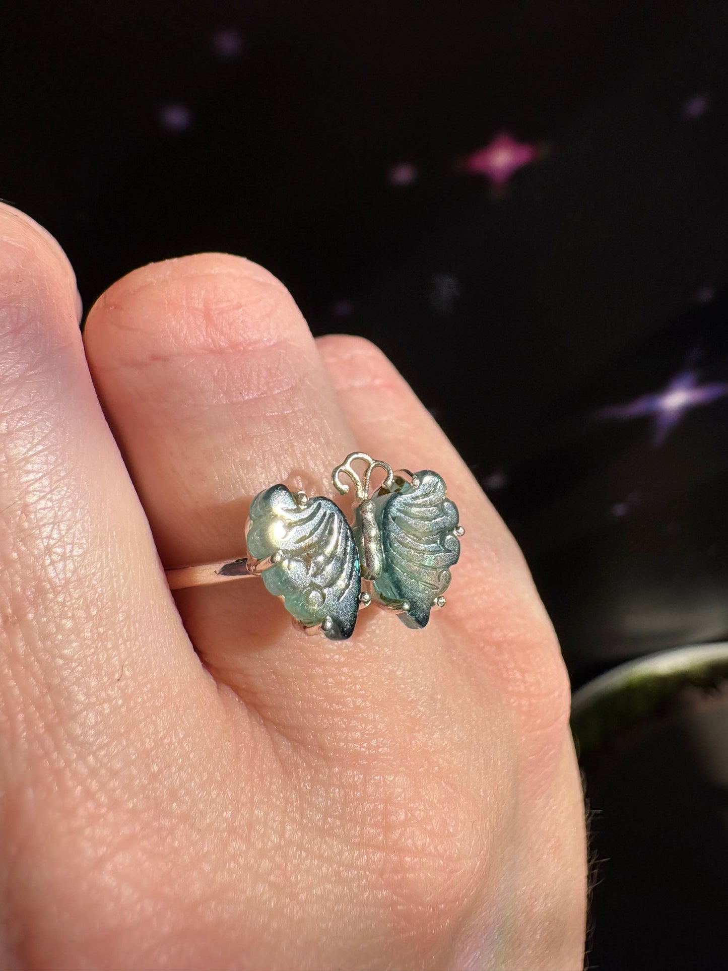 Butterfly Ring, Green Tourmaline and Sterling Silver, size 6
