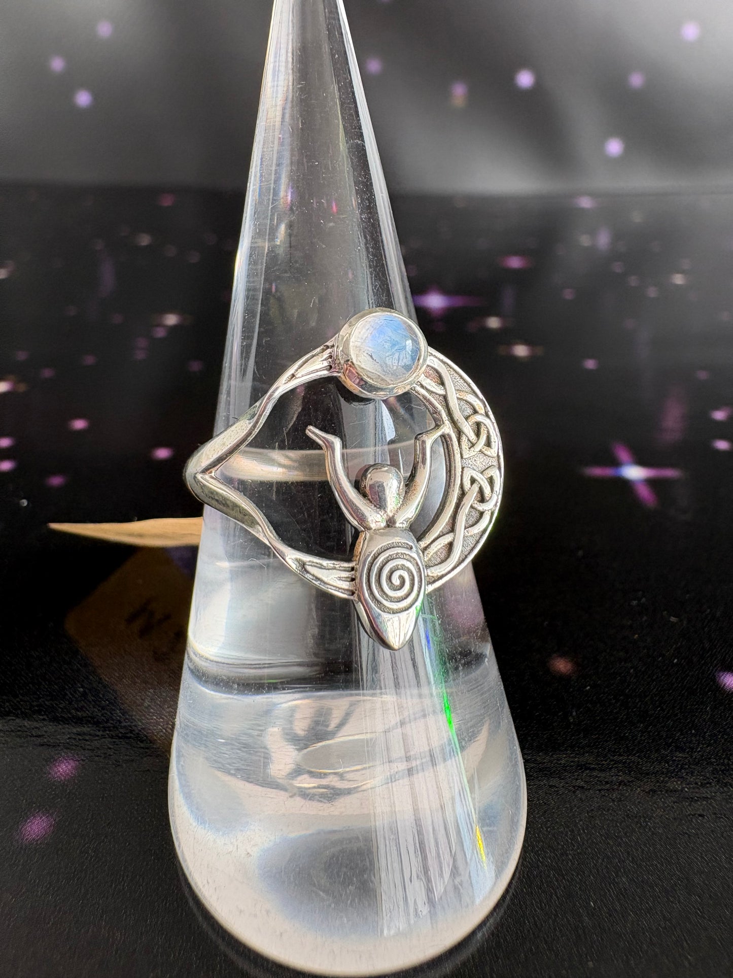 Celtic Goddess Moon ring, Size 7, Rainbow Moonstone