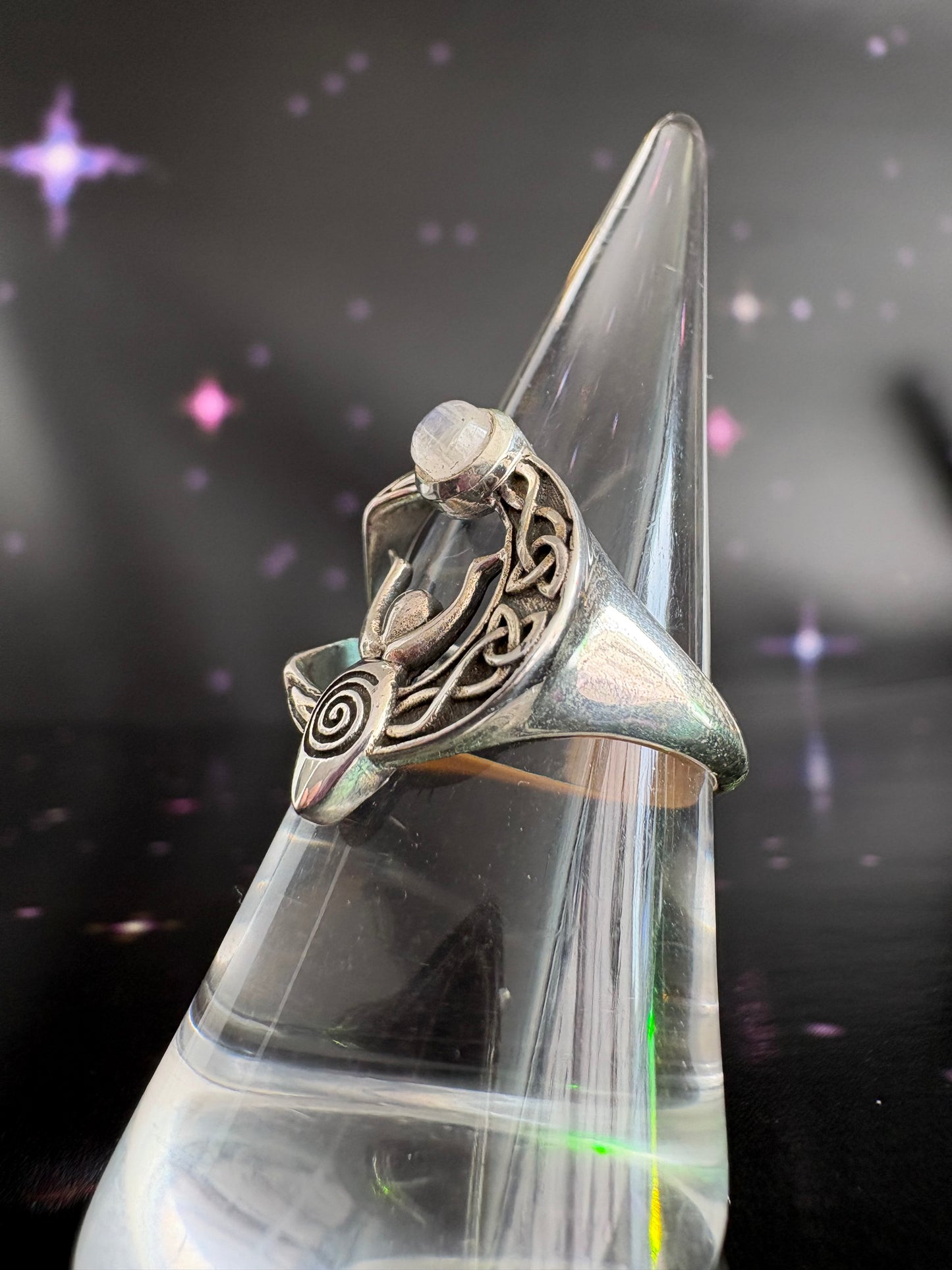 Celtic Goddess Moon ring, Size 7, Rainbow Moonstone
