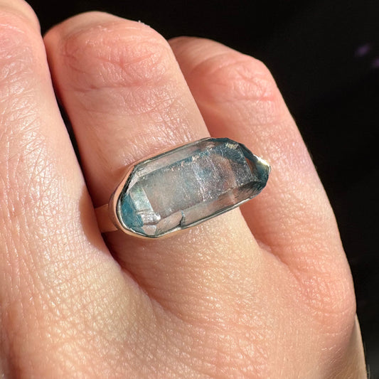 Aqua Aura Quartz Crystal ring, size 7, sterling silver