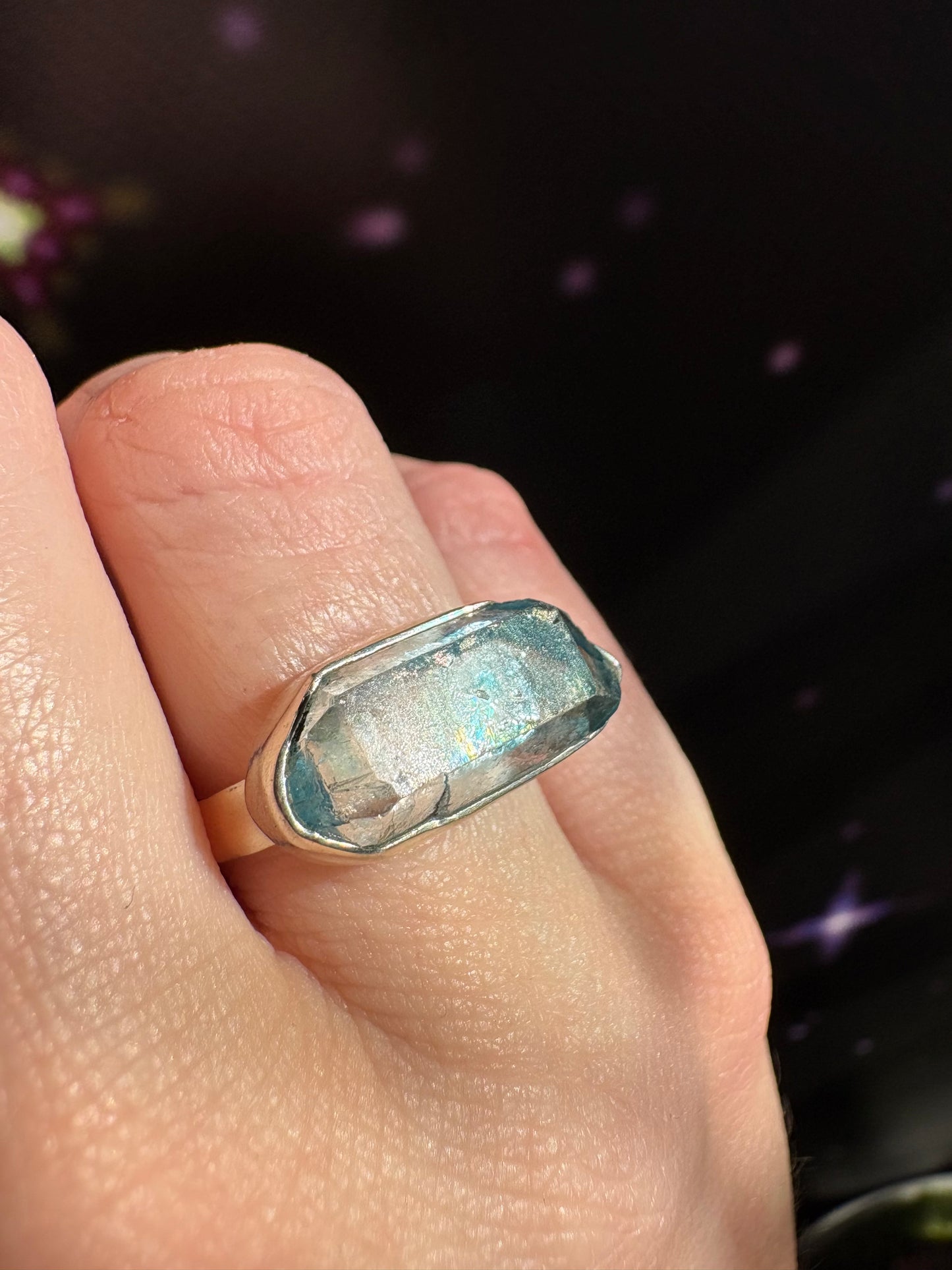 Aqua Aura Quartz Crystal ring, size 7, sterling silver