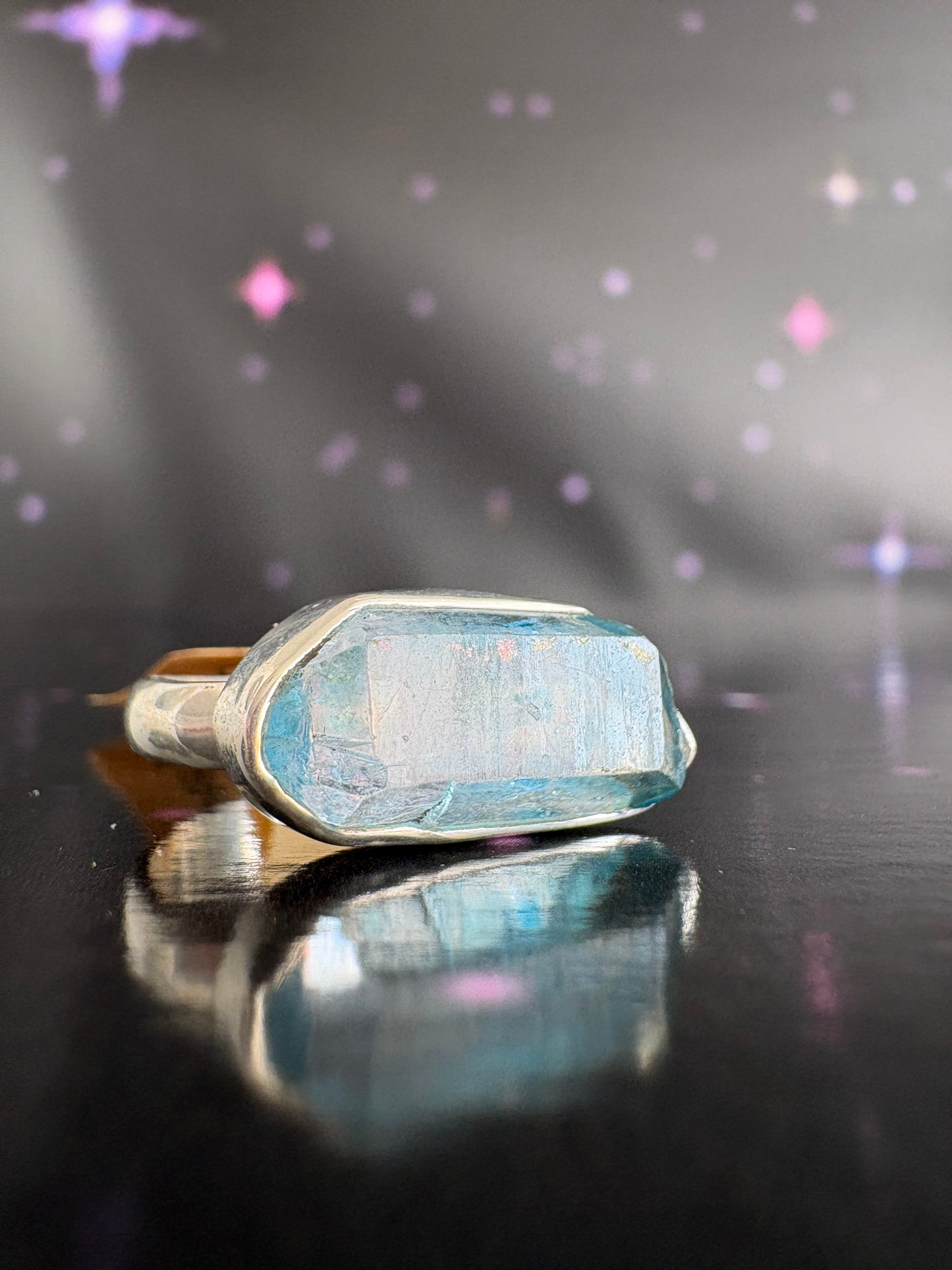 Aqua Aura Quartz Crystal ring, size 7, sterling silver
