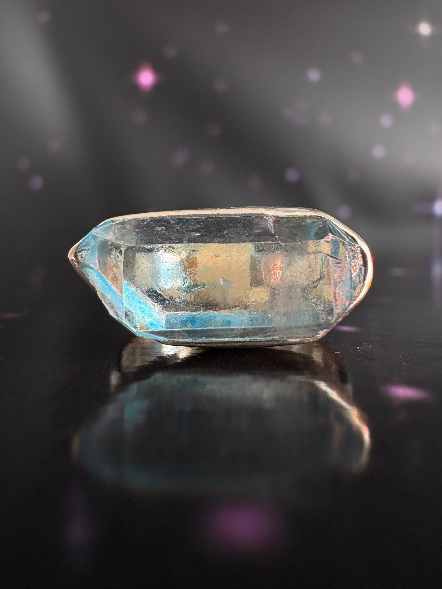 Aqua Aura Quartz Crystal ring, size 7, sterling silver