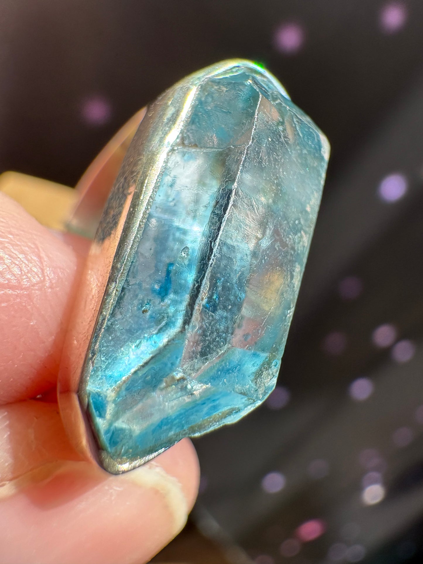 Aqua Aura Quartz Crystal ring, size 7, sterling silver