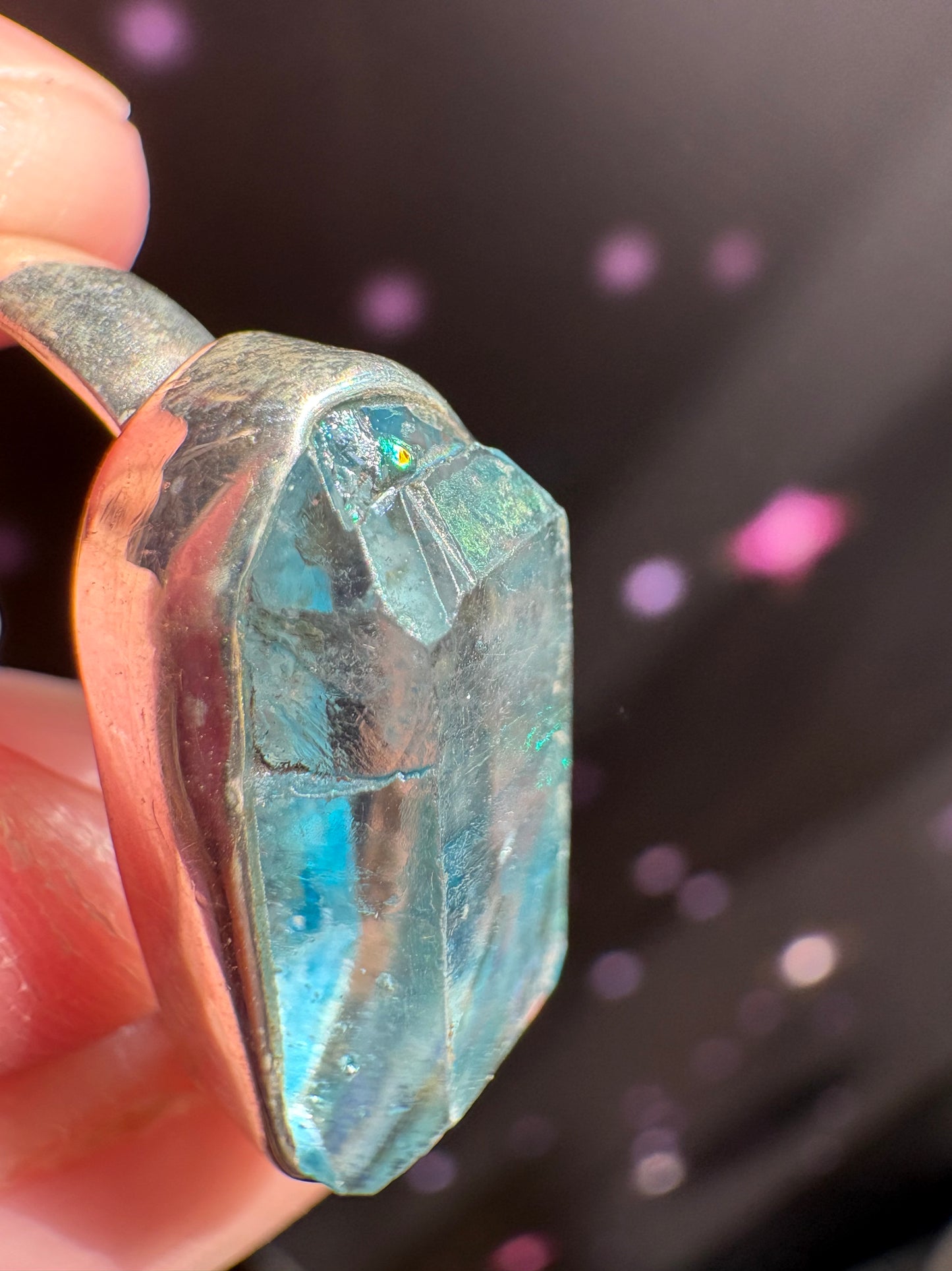 Aqua Aura Quartz Crystal ring, size 7, sterling silver