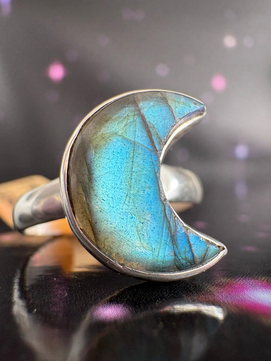 Labradorite Crescent Moon ring, size 8.5