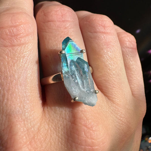 Aqua Aura Quartz Crystal, size 9, sterling silver - AA18