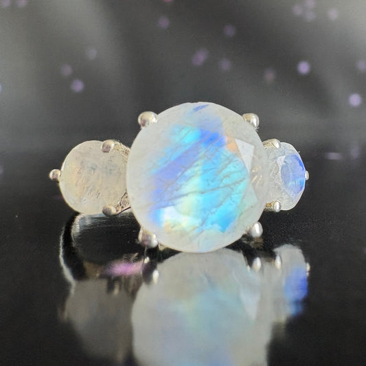 Faceted Rainbow Moonstone Ring, size 6, sterling silver