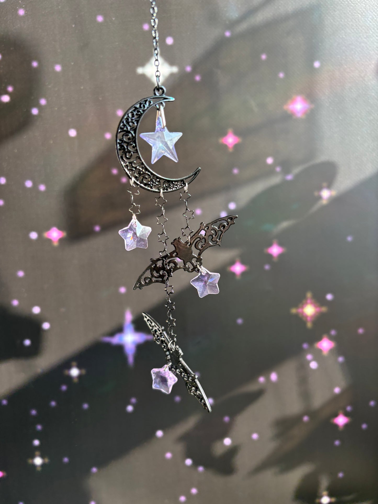 Moon Bat Suncatcher, Crystal Rainbow Spooky Goth Home Decor