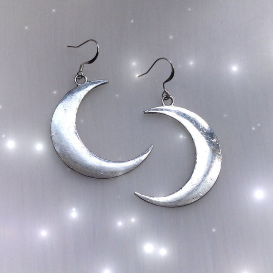 Large Silver Crescent Moon Earrings