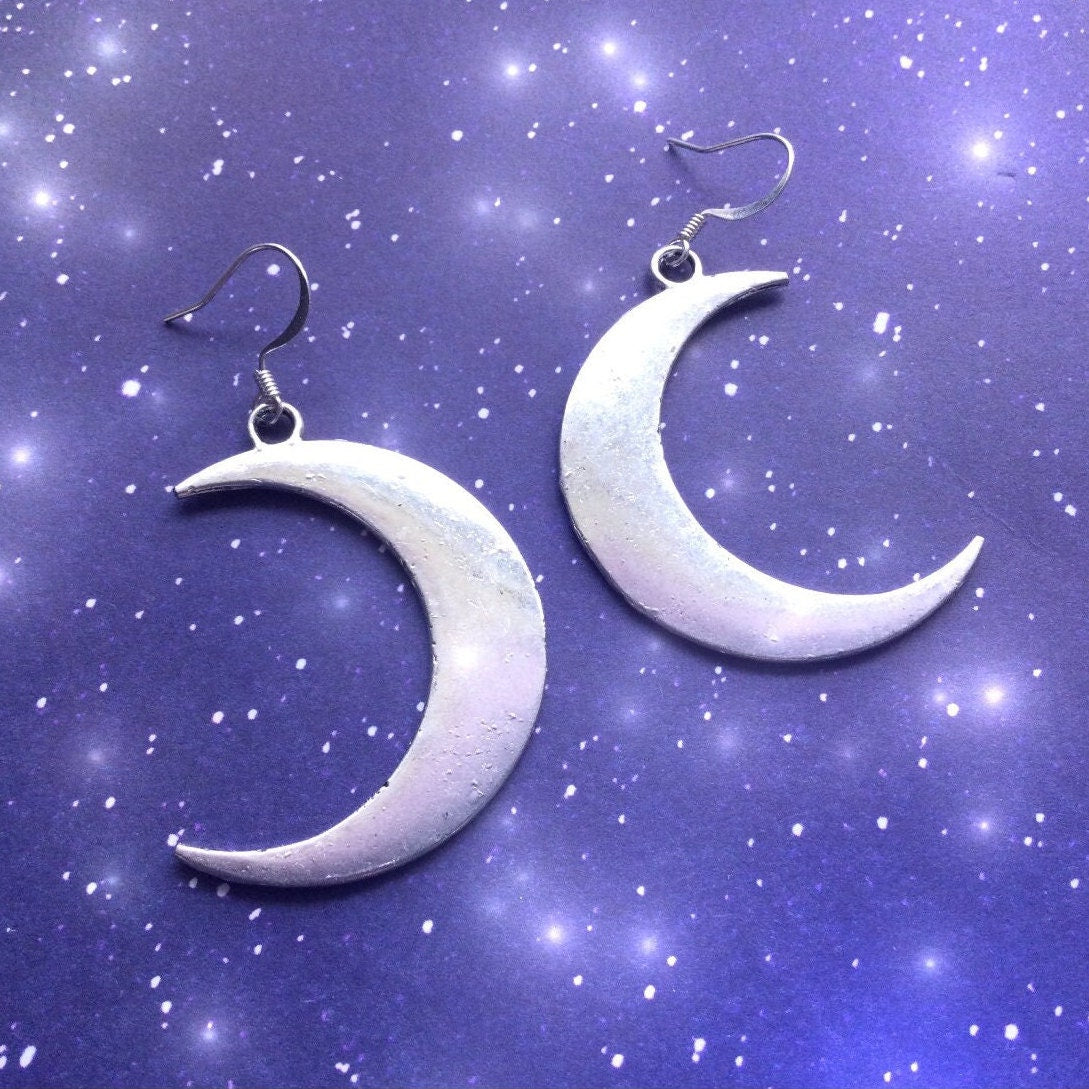 Large Silver Crescent Moon Earrings