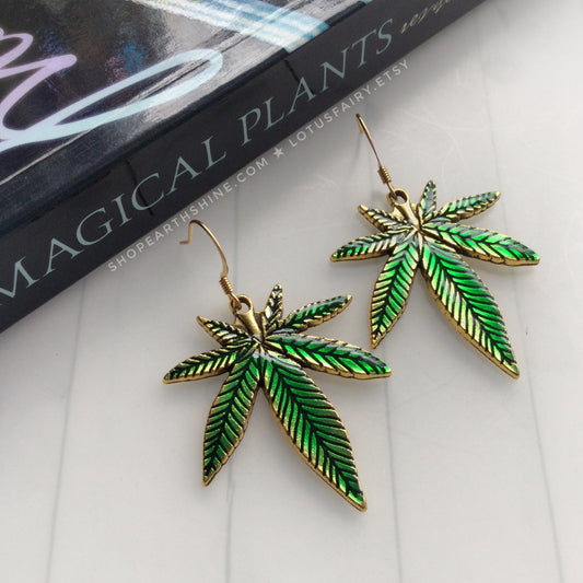 Green Cannabis Weed Leaf Earrings